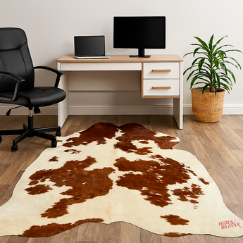 Brown And White Cowhide rug (Size 6'4'' x  7'0'') HB0057 EXACT HIDE SHOWN.